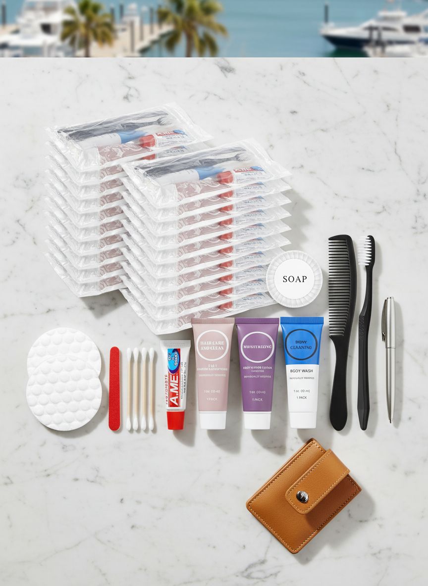 [Color] disposable toiletry kit with [specific items] trial-size personal care essentials, [quantity] pack shown — view 7a