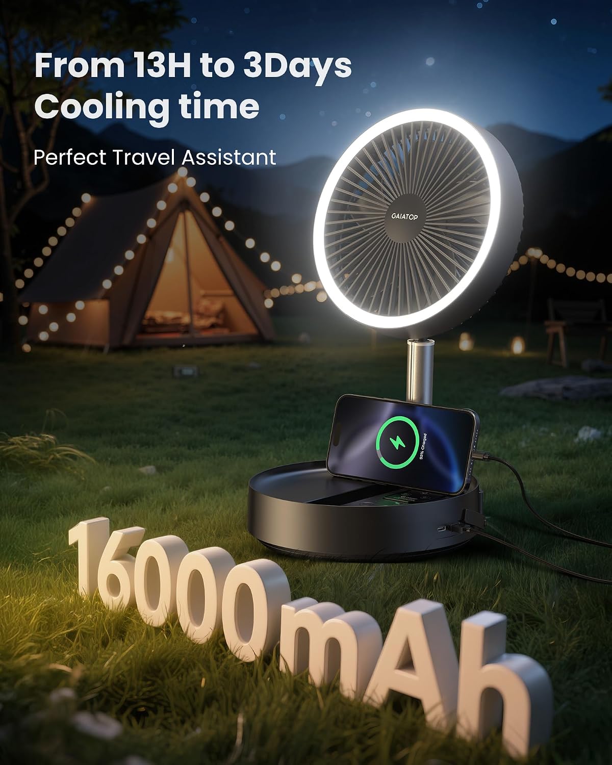 [Color] portable pedestal fan with foldable design, oscillating head, and LED light feature — view 2