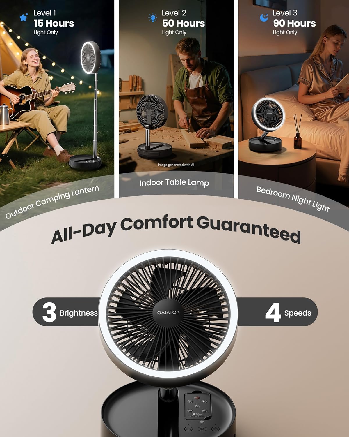 [Color] portable pedestal fan with foldable design, oscillating head, and LED light feature — view 3