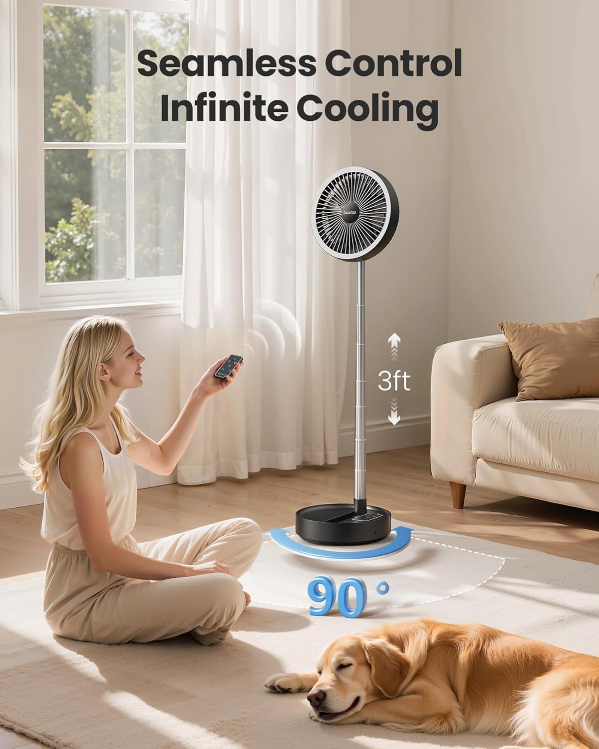 [Color] portable pedestal fan with foldable design, oscillating head, and LED light feature — view 2