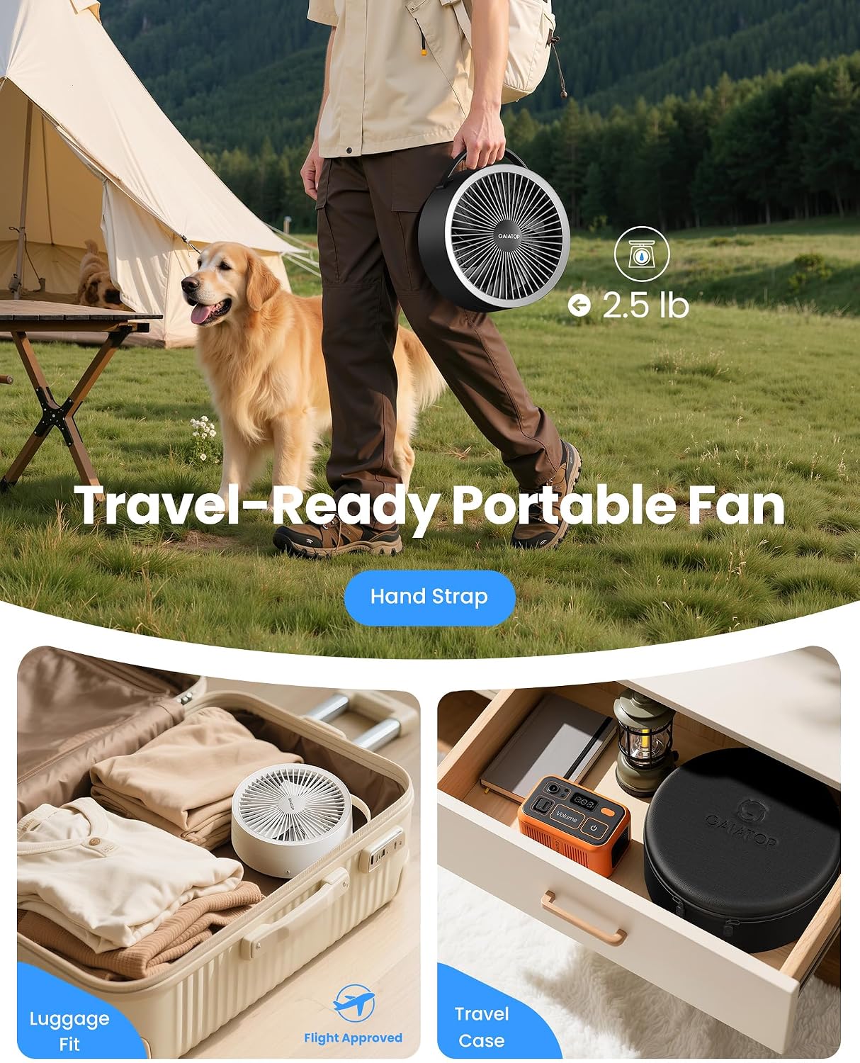 [Color] portable pedestal fan with foldable design, oscillating head, and LED light feature — view 3