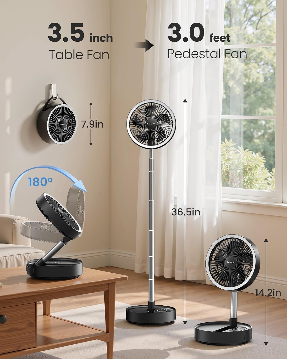 [Color] portable pedestal fan with foldable design, oscillating head, and LED light feature — view 4