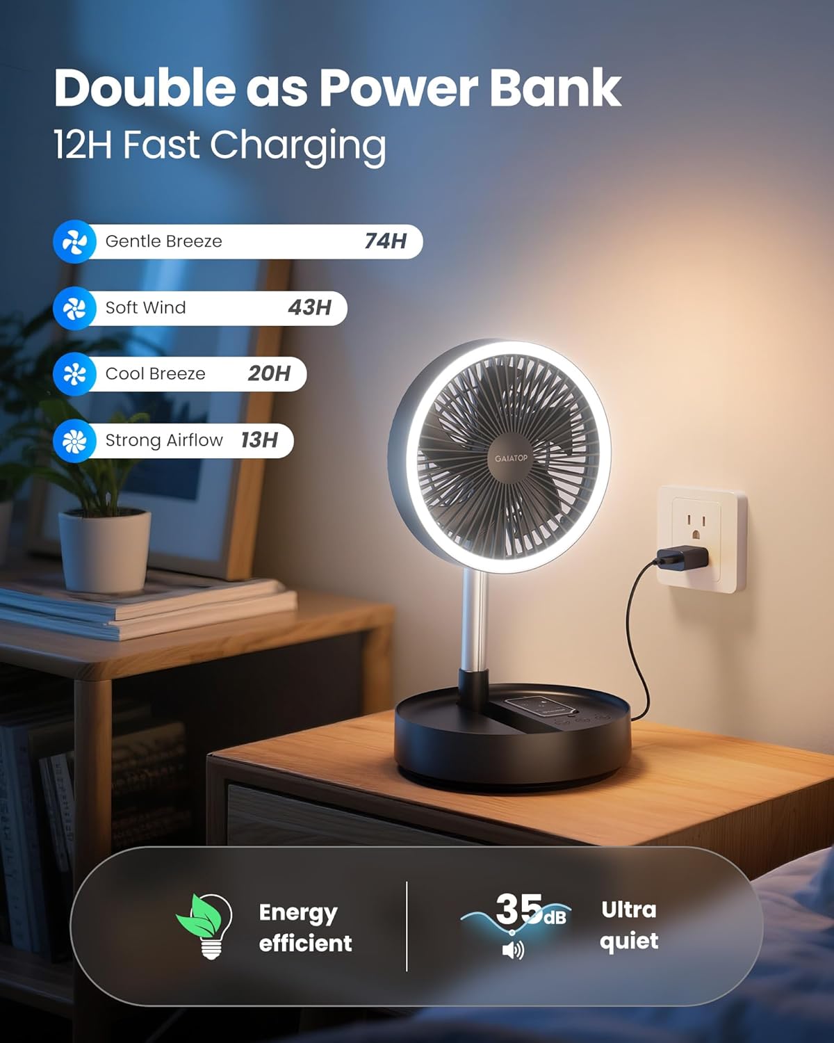 [Color] portable pedestal fan with foldable design, oscillating head, and LED light feature — view 5