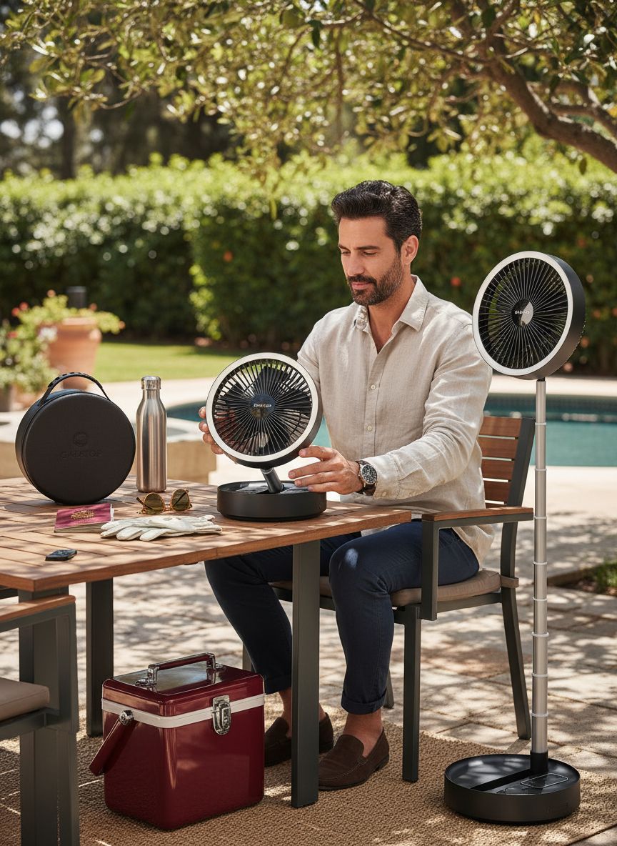 [Color] portable pedestal fan with foldable design, oscillating head, and LED light feature — view 5a