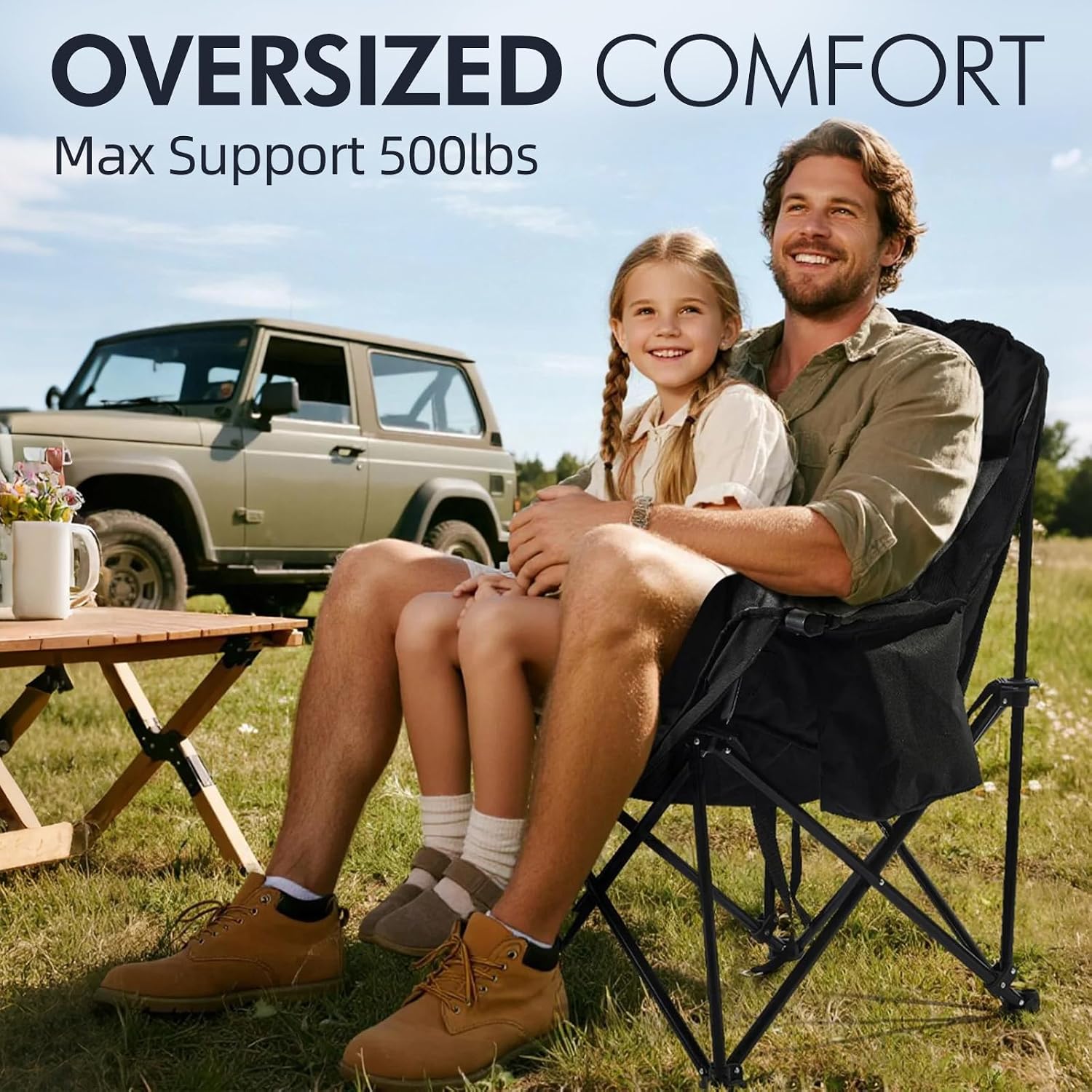 Oversized [color] camping chair with steel frame, padded seat, cup holder and cooler pockets, supports 500lbs weight capacity — view 2