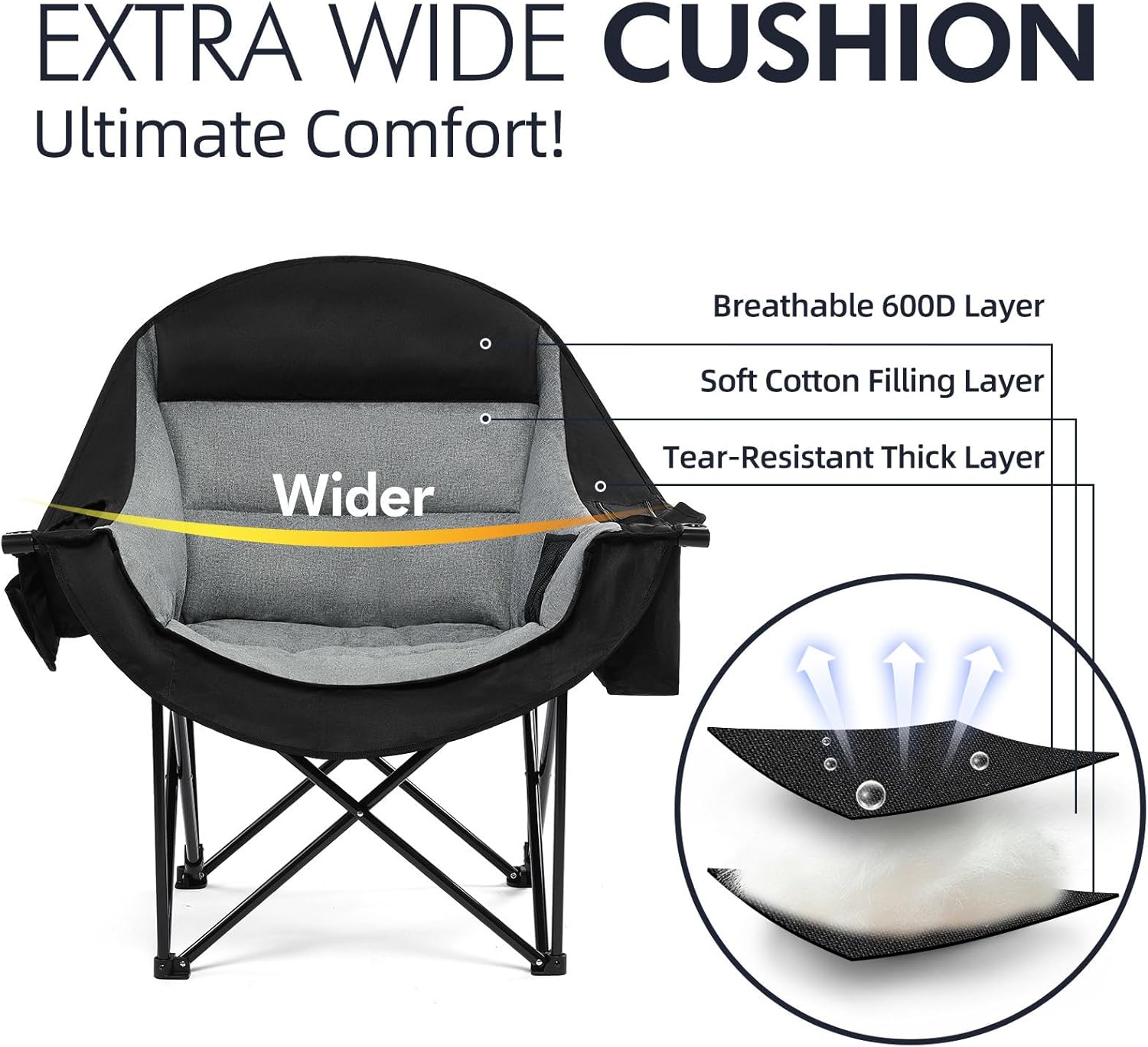 Oversized [color] camping chair with steel frame, padded seat, cup holder and cooler pockets, supports 500lbs weight capacity — view 3