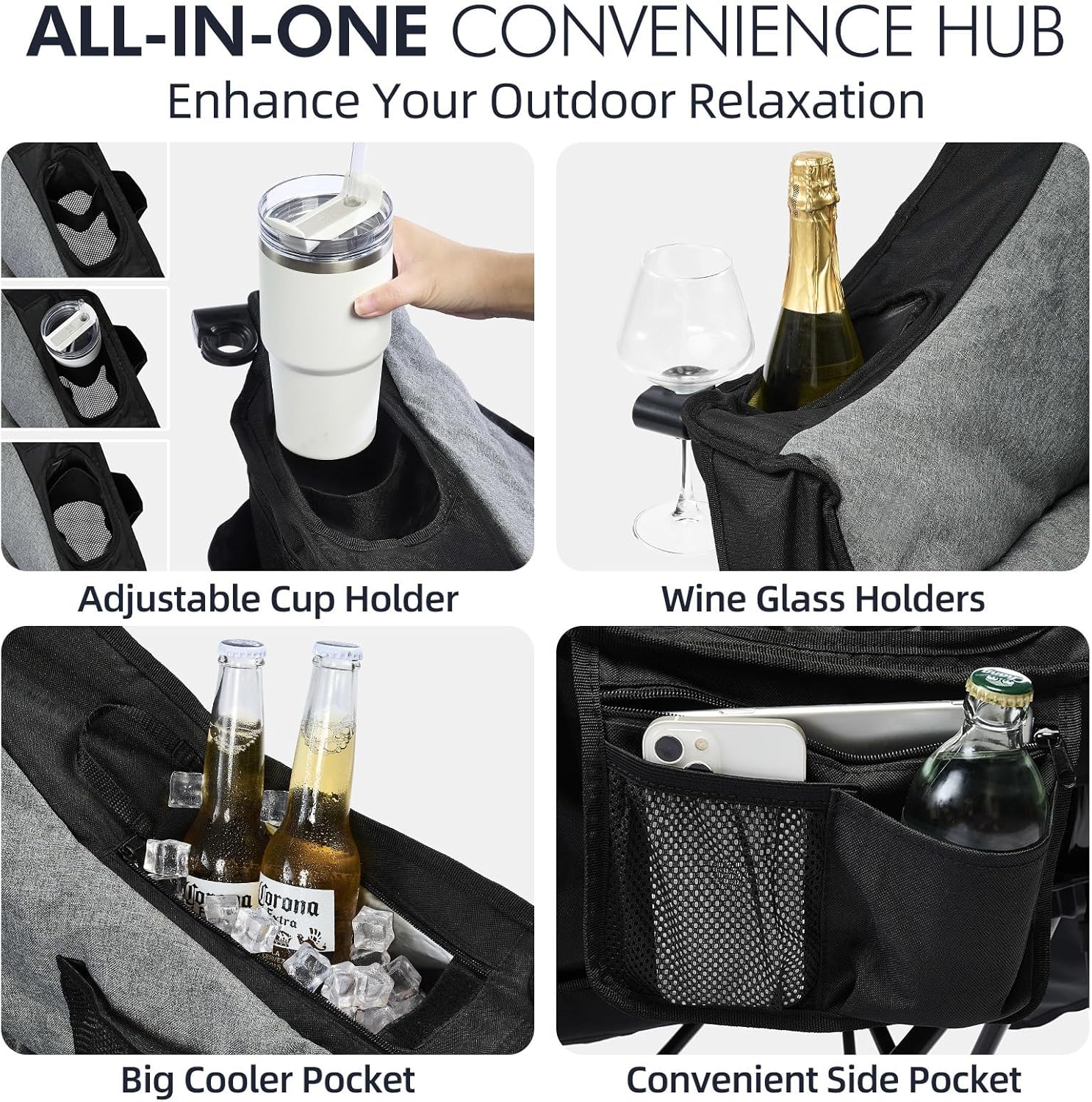 Oversized [color] camping chair with steel frame, padded seat, cup holder and cooler pockets, supports 500lbs weight capacity — view 4
