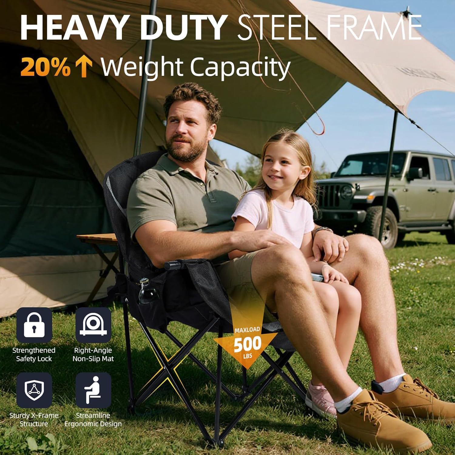 Oversized [color] camping chair with steel frame, padded seat, cup holder and cooler pockets, supports 500lbs weight capacity — view 2