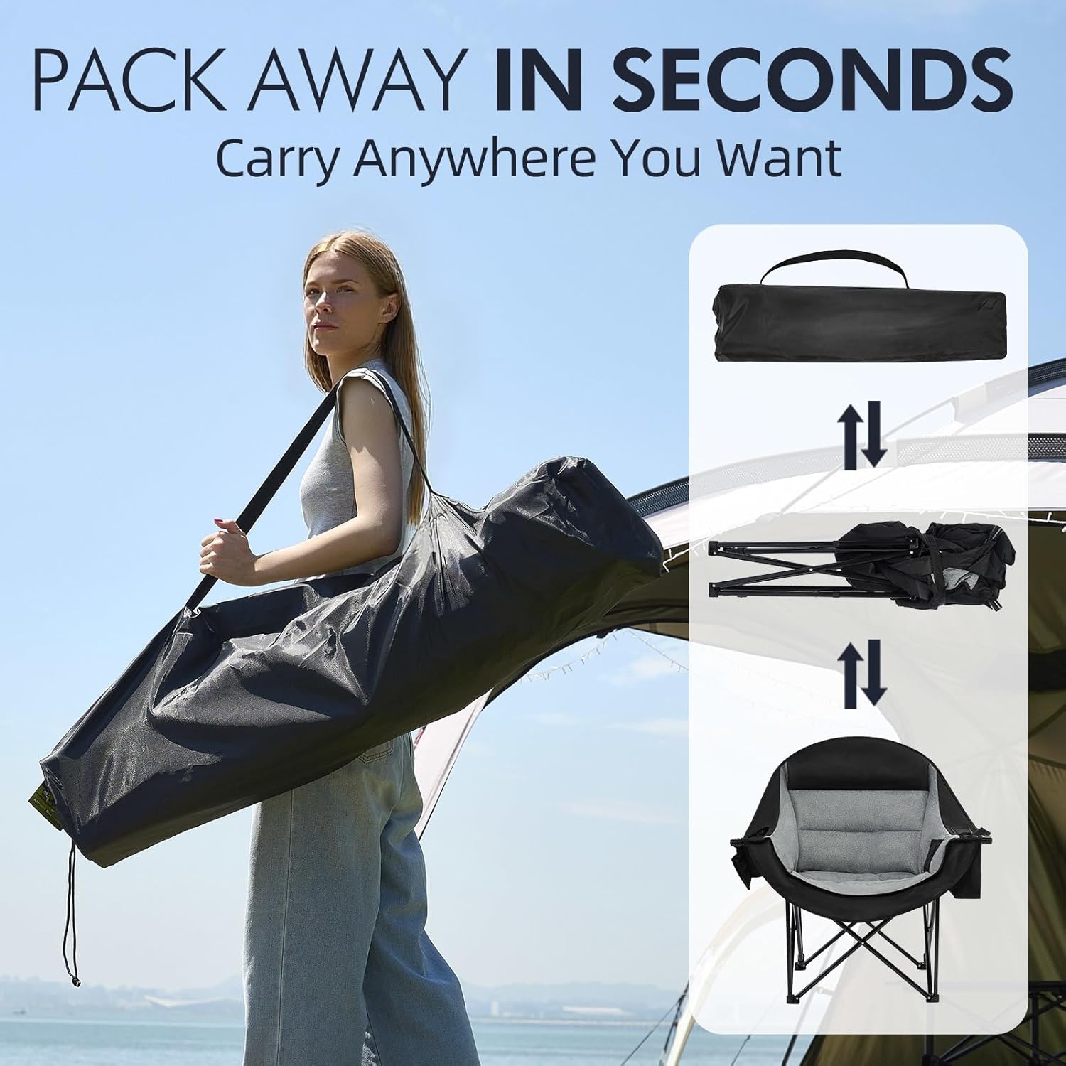 Oversized [color] camping chair with steel frame, padded seat, cup holder and cooler pockets, supports 500lbs weight capacity — view 3