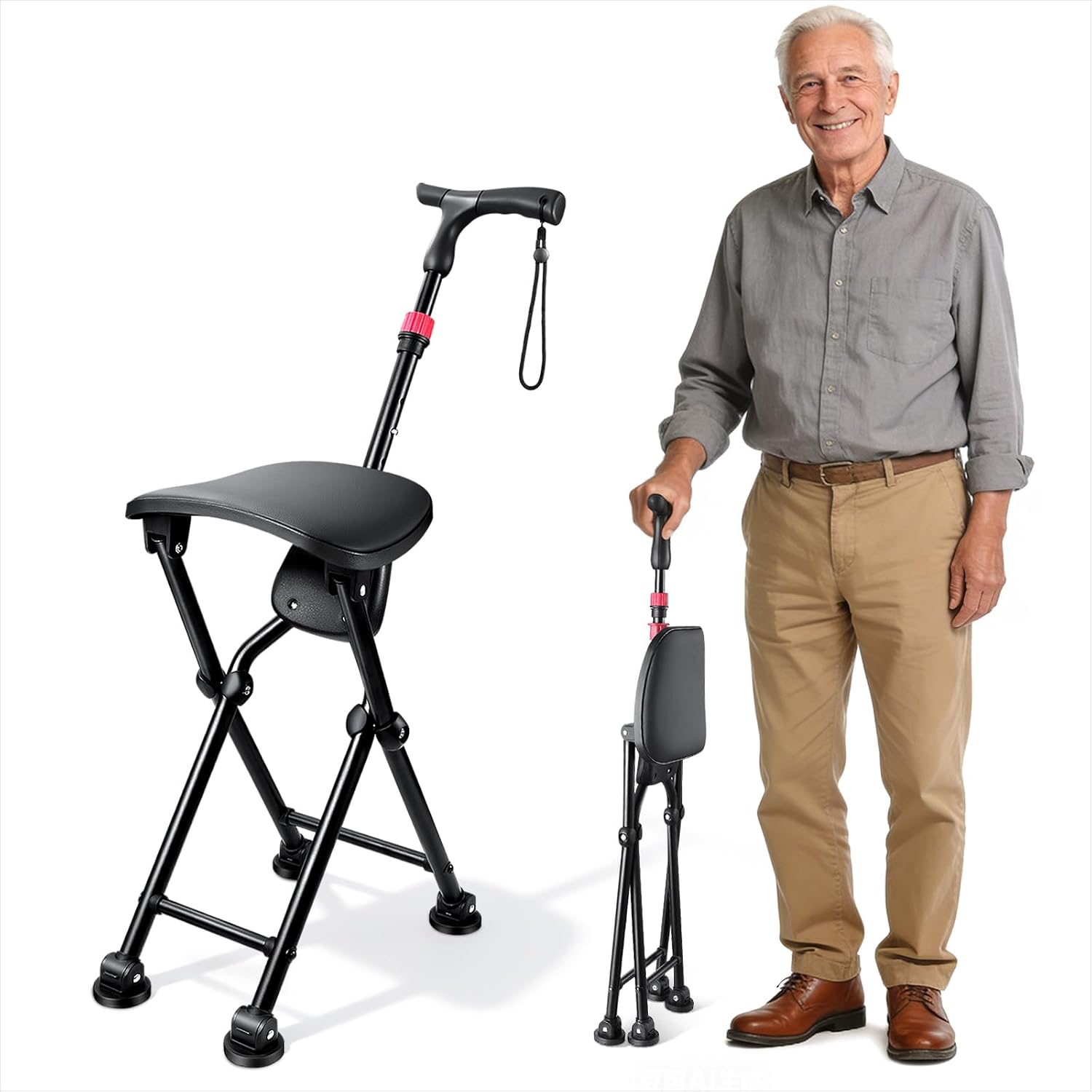 [Color] four-legged folding cane with integrated seat, lightweight aluminum frame with anti-slip grip — view 1