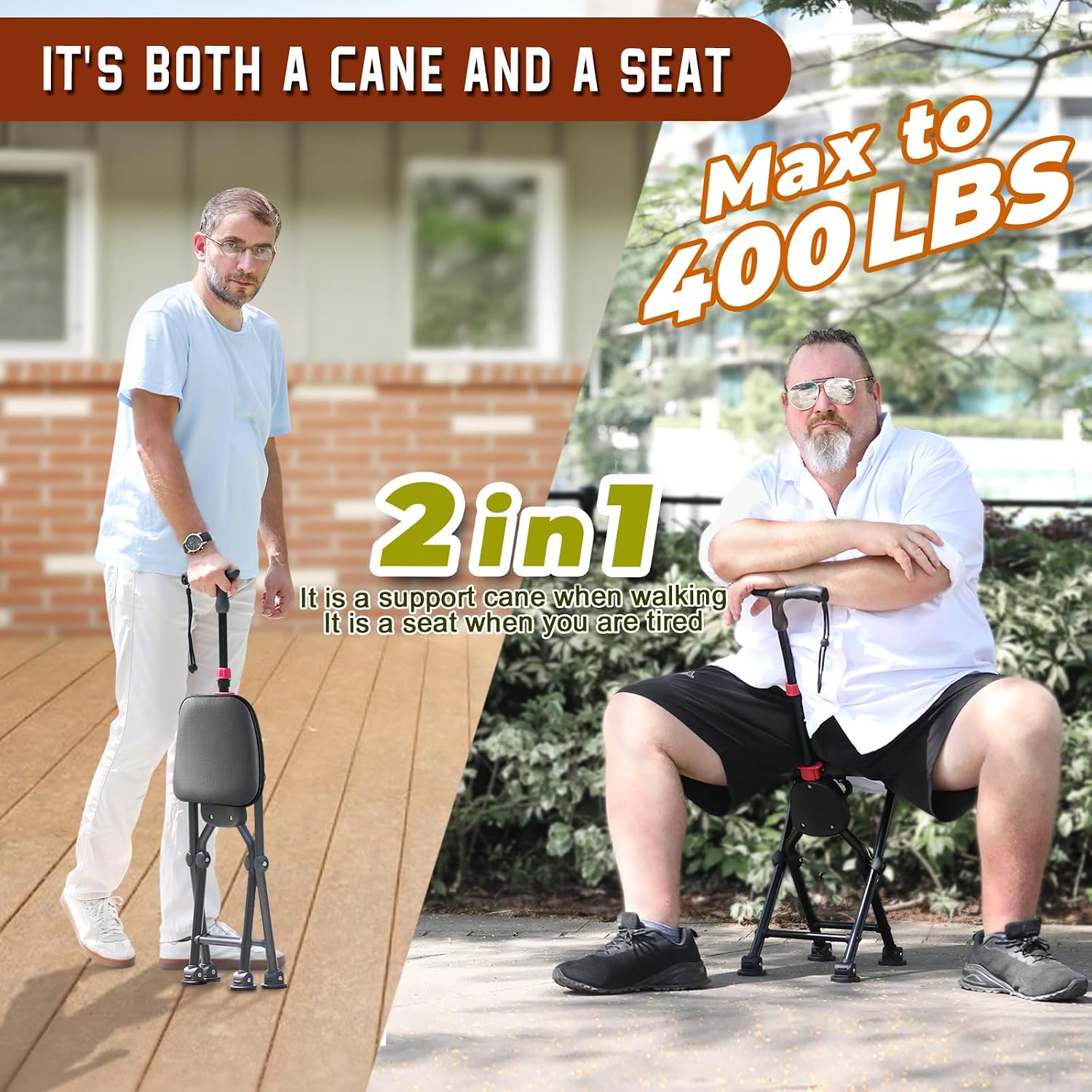 [Color] four-legged folding cane with integrated seat, lightweight aluminum frame with anti-slip grip — view 2
