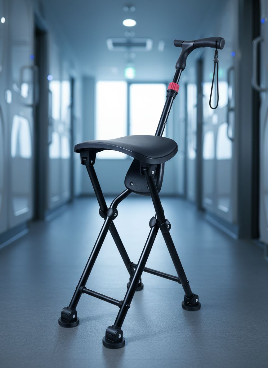 [Color] four-legged folding cane with integrated seat, lightweight aluminum frame with anti-slip grip — view 1