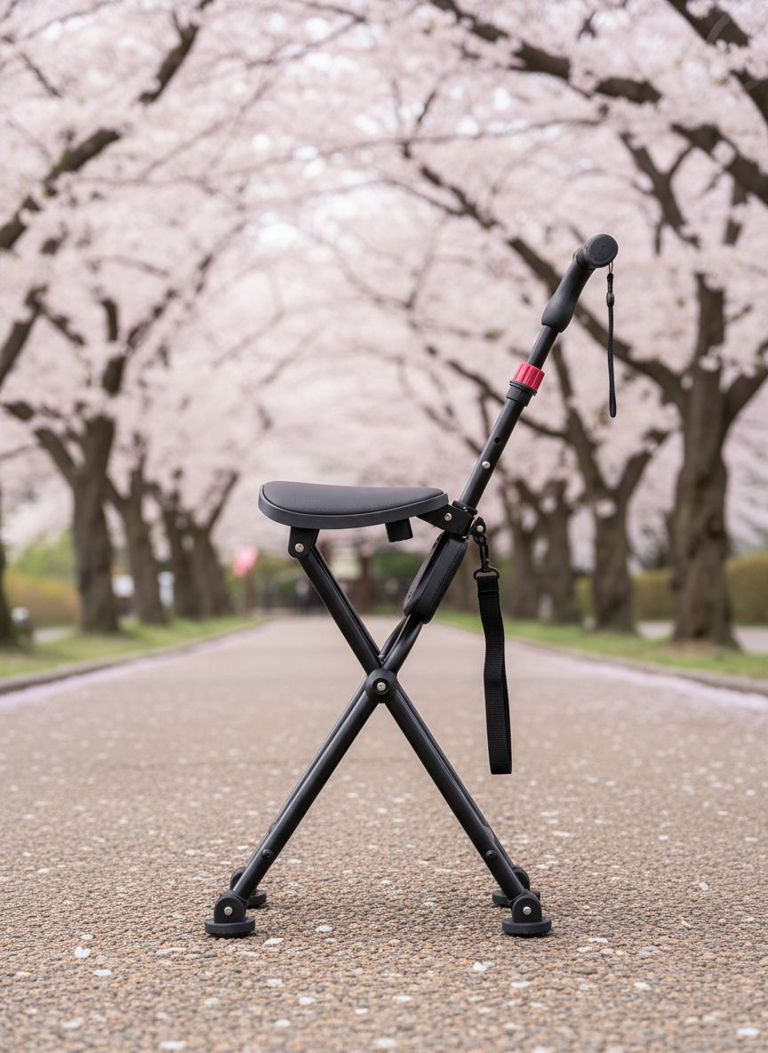 [Color] four-legged folding cane with integrated seat, lightweight aluminum frame with anti-slip grip — view 3