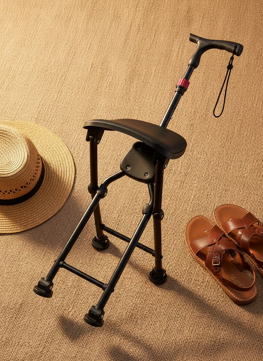 [Color] four-legged folding cane with integrated seat, lightweight aluminum frame with anti-slip grip — view 7a