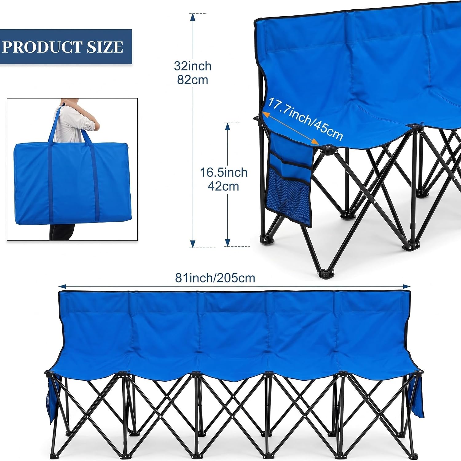 [Color] folding team sports bench chair with steel frame, 5-seat capacity, shown with included storage bag — view 2