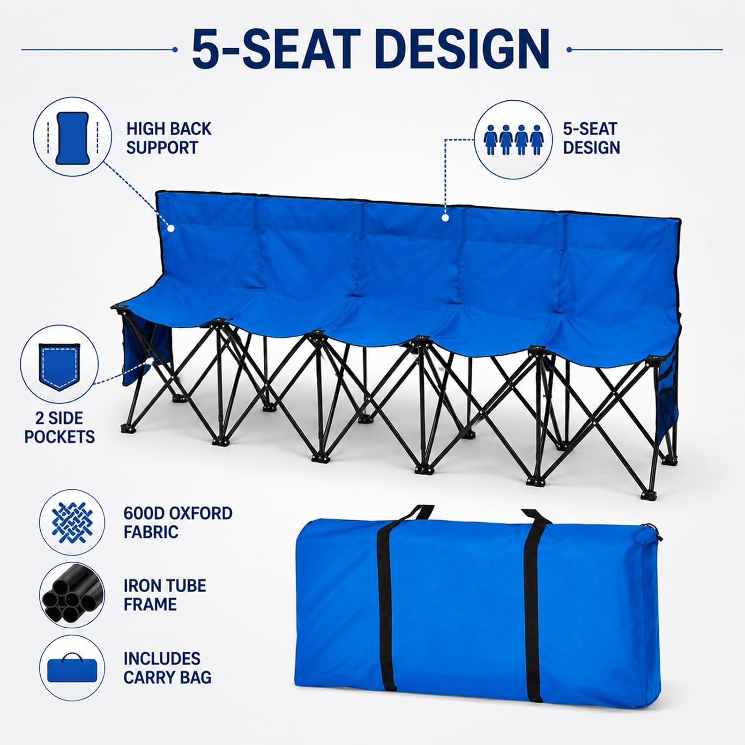 [Color] folding team sports bench chair with steel frame, 5-seat capacity, shown with included storage bag — view 3