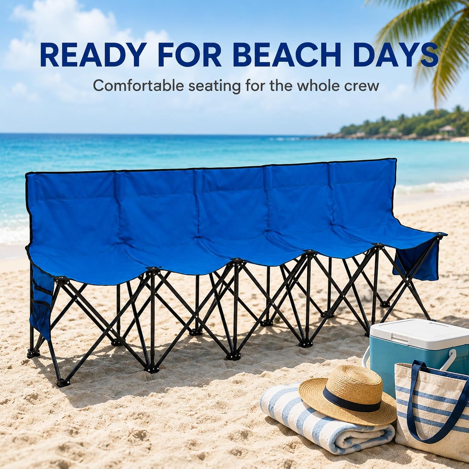 [Color] folding team sports bench chair with steel frame, 5-seat capacity, shown with included storage bag — view 2
