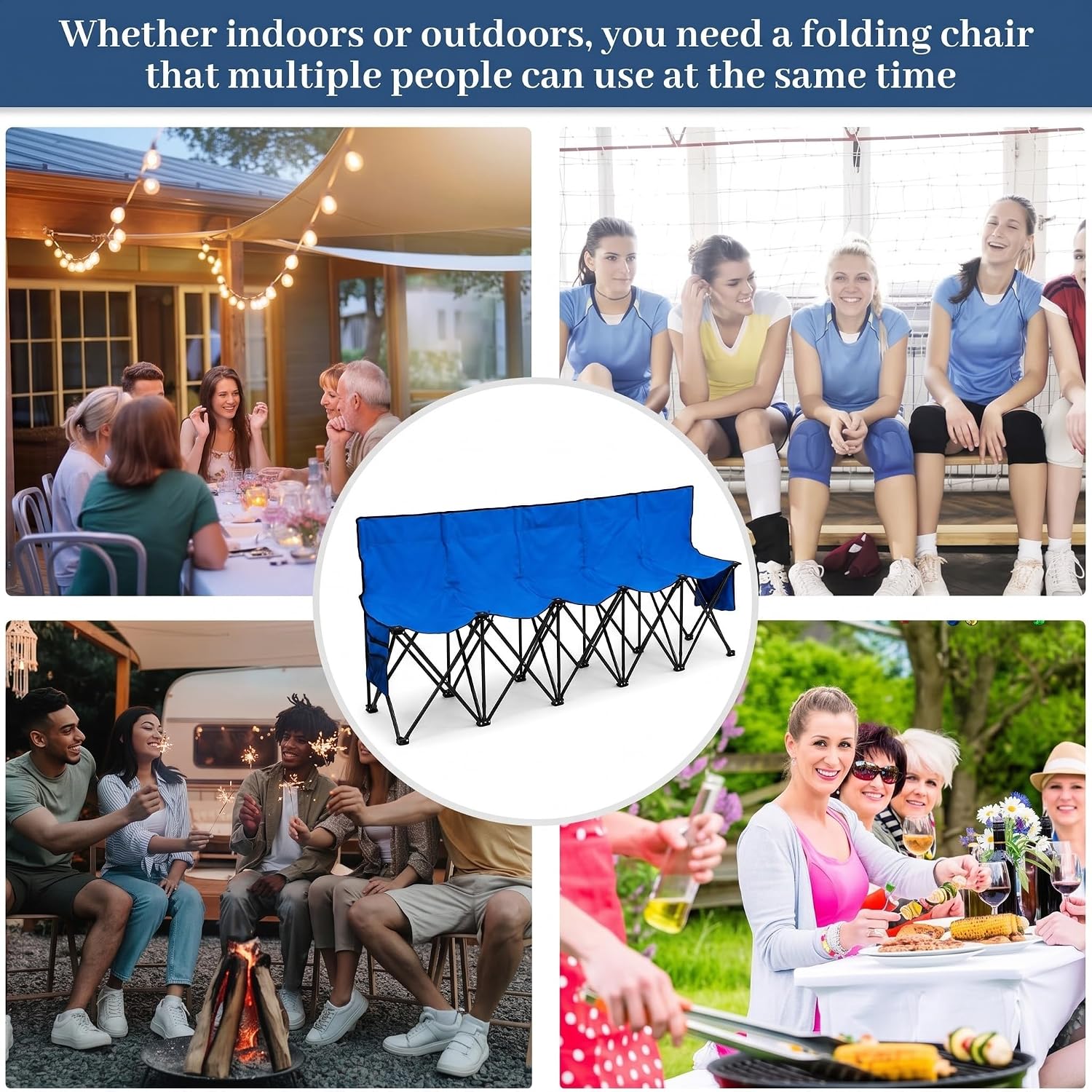 [Color] folding team sports bench chair with steel frame, 5-seat capacity, shown with included storage bag — view 4
