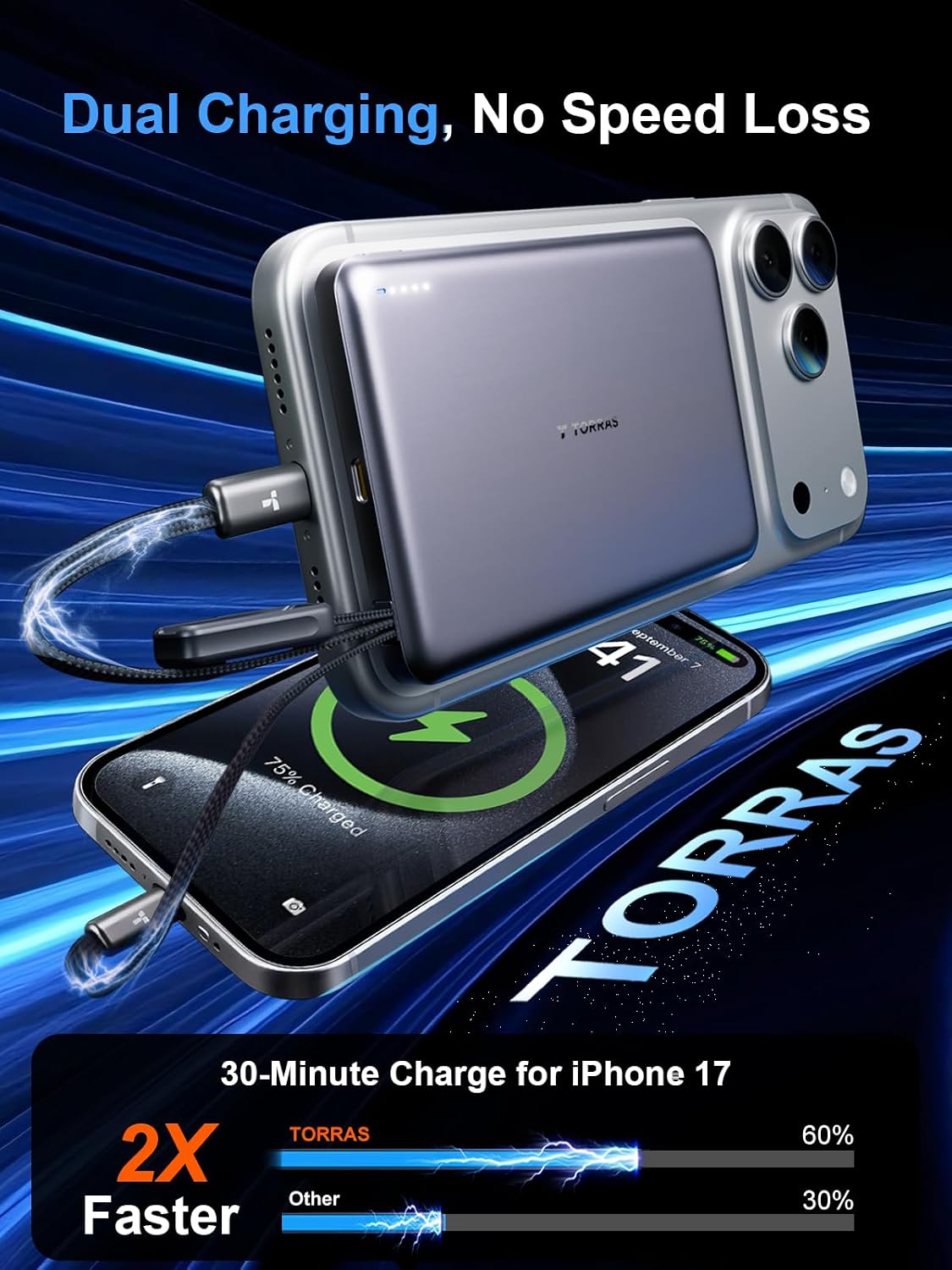 Ultra-slim {color} 10000mAh power bank with dual USB-C cables and 22.5W fast charging display — view 2