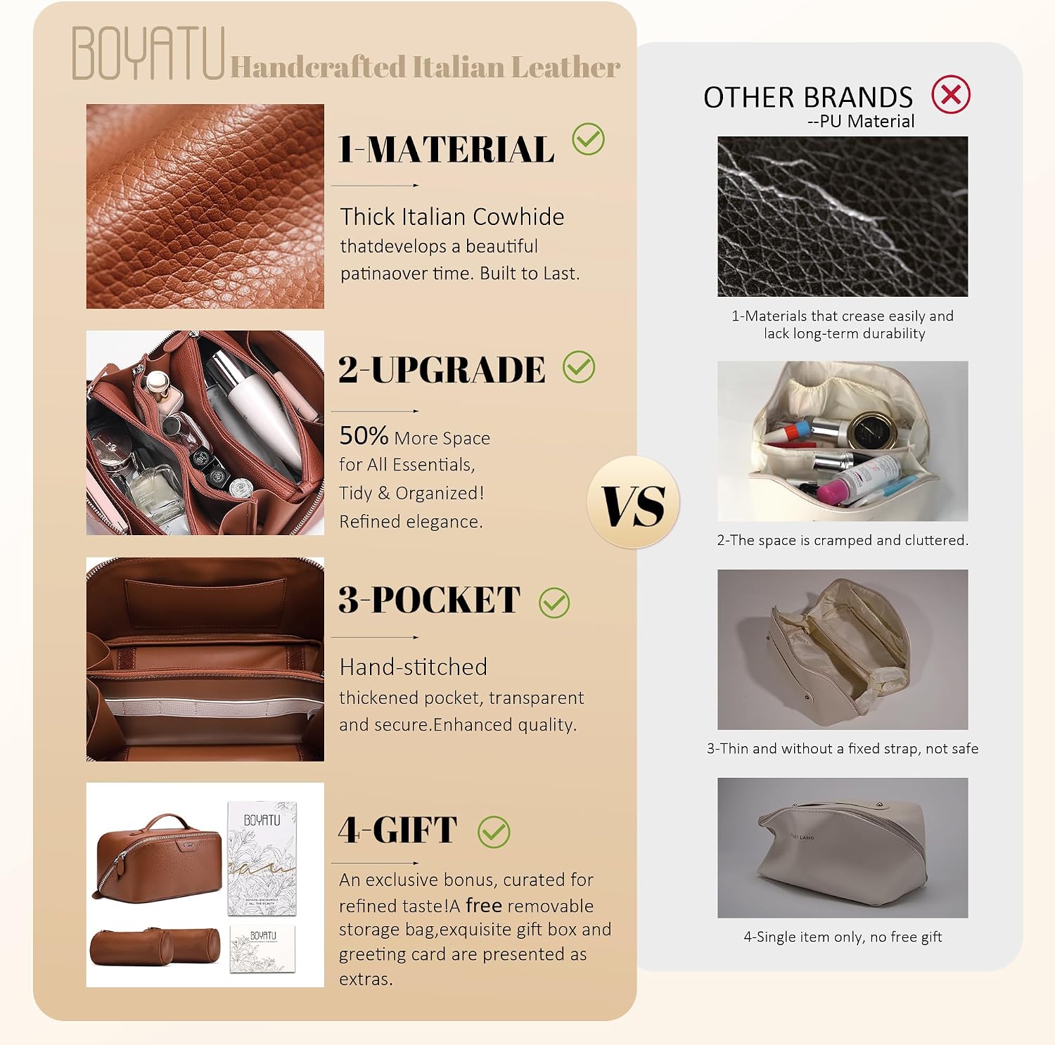 Genuine leather {color} cosmetic bag with waterproof finish, part of 3-piece travel toiletry set — view 2