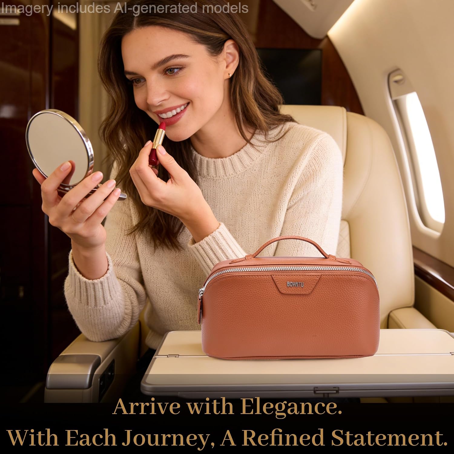 Genuine leather {color} cosmetic bag with waterproof finish, part of 3-piece travel toiletry set — view 3