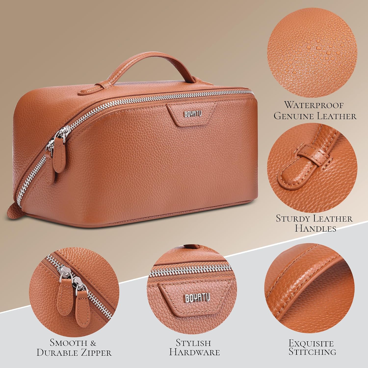 Genuine leather {color} cosmetic bag with waterproof finish, part of 3-piece travel toiletry set — view 4
