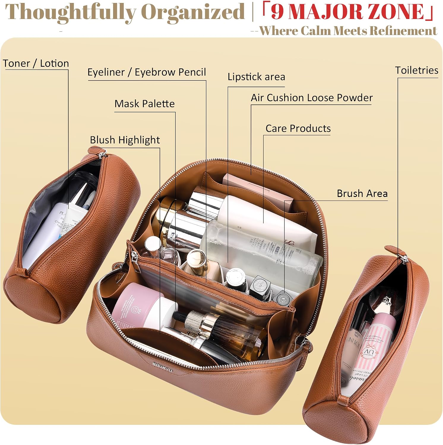 Genuine leather {color} cosmetic bag with waterproof finish, part of 3-piece travel toiletry set — view 2