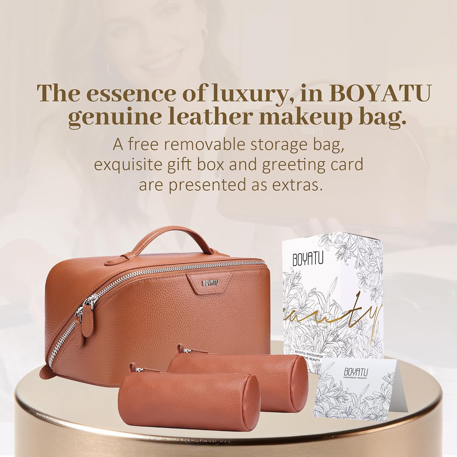 Genuine leather {color} cosmetic bag with waterproof finish, part of 3-piece travel toiletry set — view 3