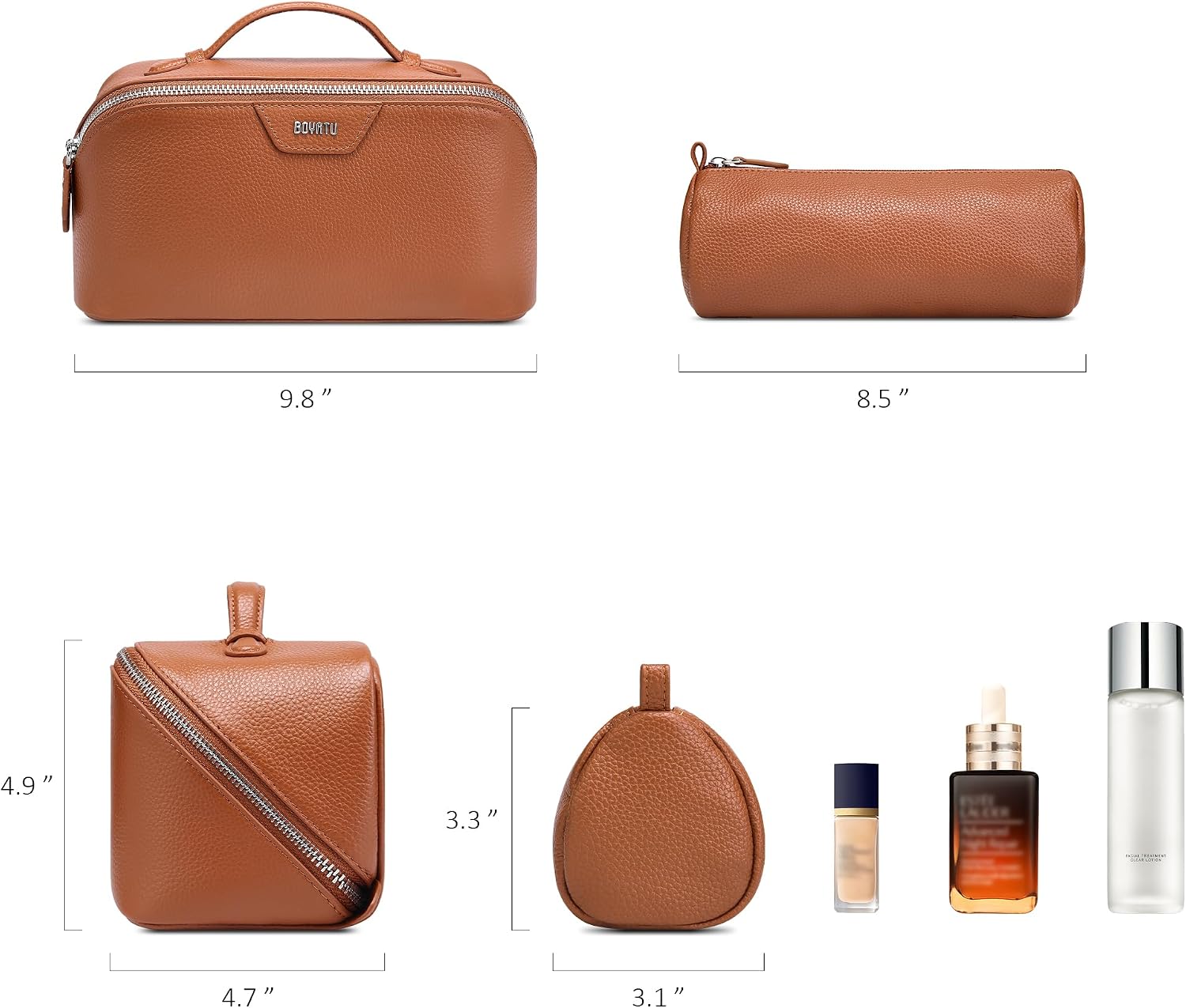 Genuine leather {color} cosmetic bag with waterproof finish, part of 3-piece travel toiletry set — view 4