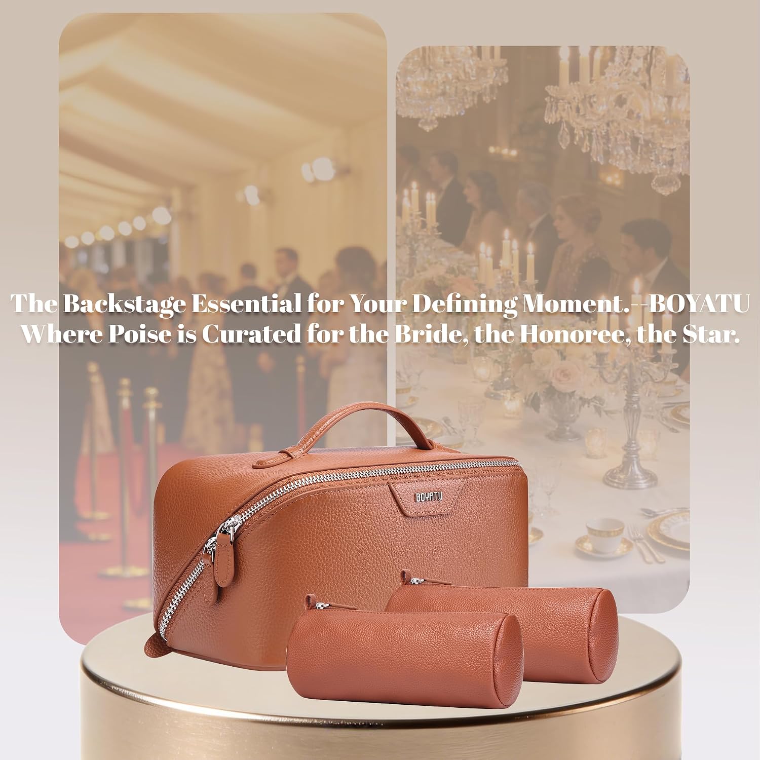 Genuine leather {color} cosmetic bag with waterproof finish, part of 3-piece travel toiletry set — view 5