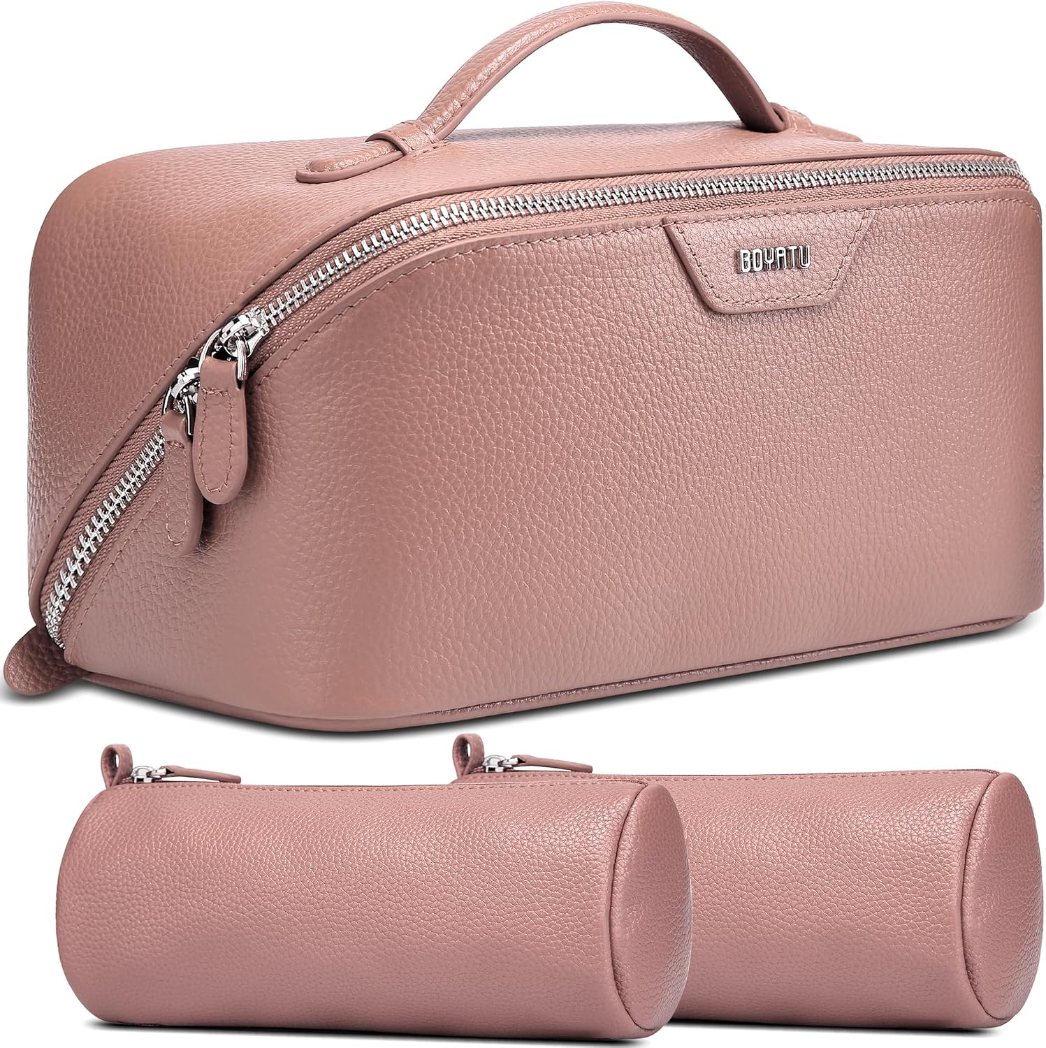 Genuine leather {color} cosmetic bag with waterproof finish, part of 3-piece travel toiletry set — view 6