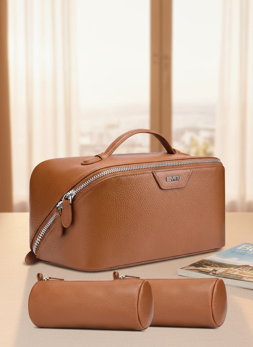Genuine leather {color} cosmetic bag with waterproof finish, part of 3-piece travel toiletry set — view 1