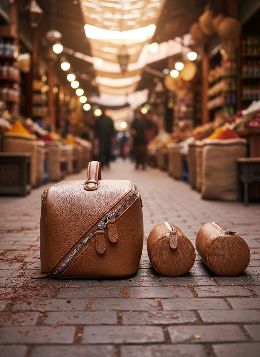 Genuine leather {color} cosmetic bag with waterproof finish, part of 3-piece travel toiletry set — view 3
