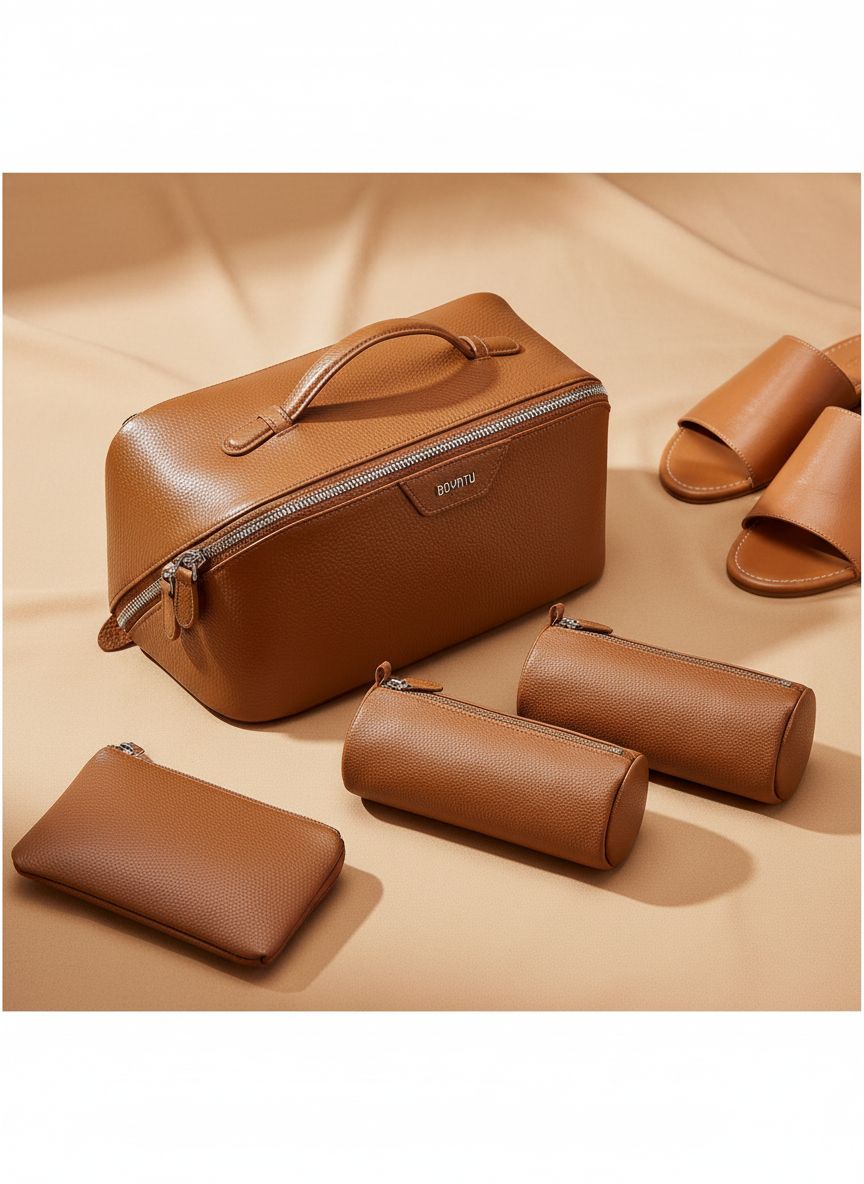 Genuine leather {color} cosmetic bag with waterproof finish, part of 3-piece travel toiletry set — view 7a