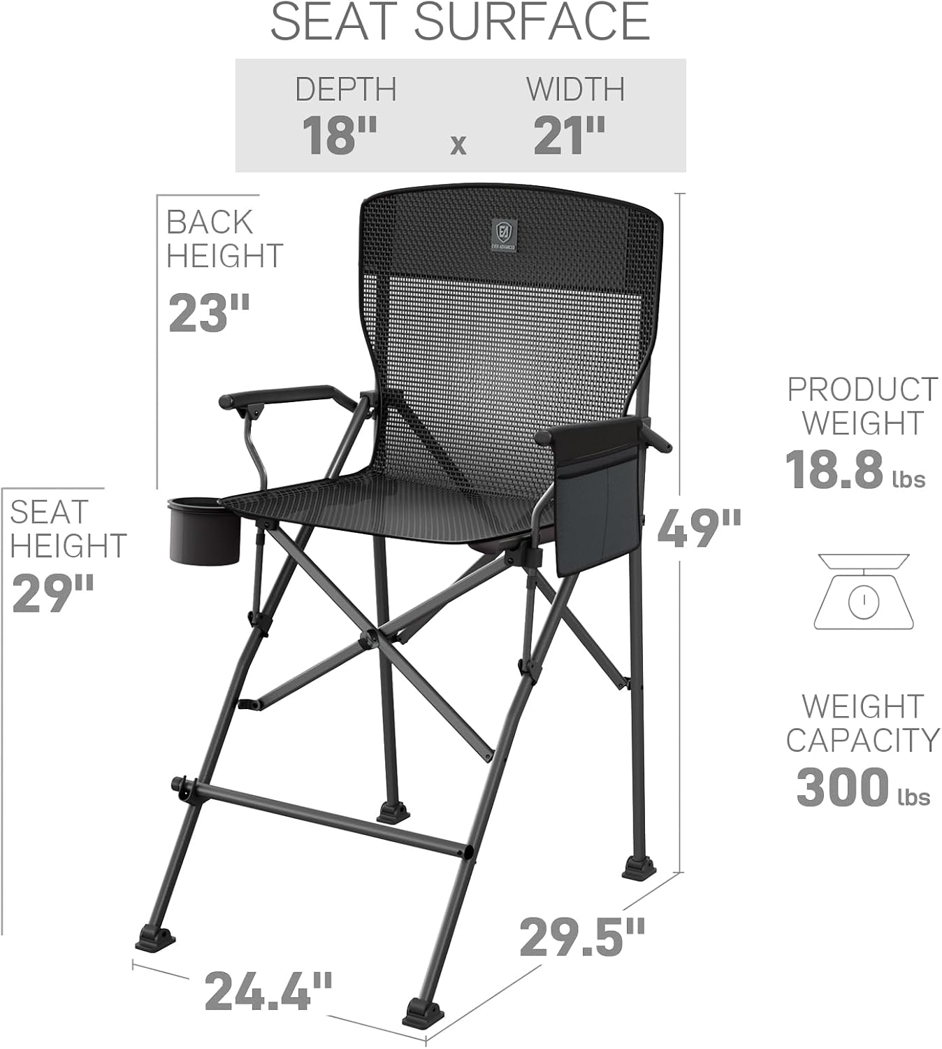 Tall bar height camping chair in black textilene mesh with aluminum frame, armrests, and footrest โ view 3
