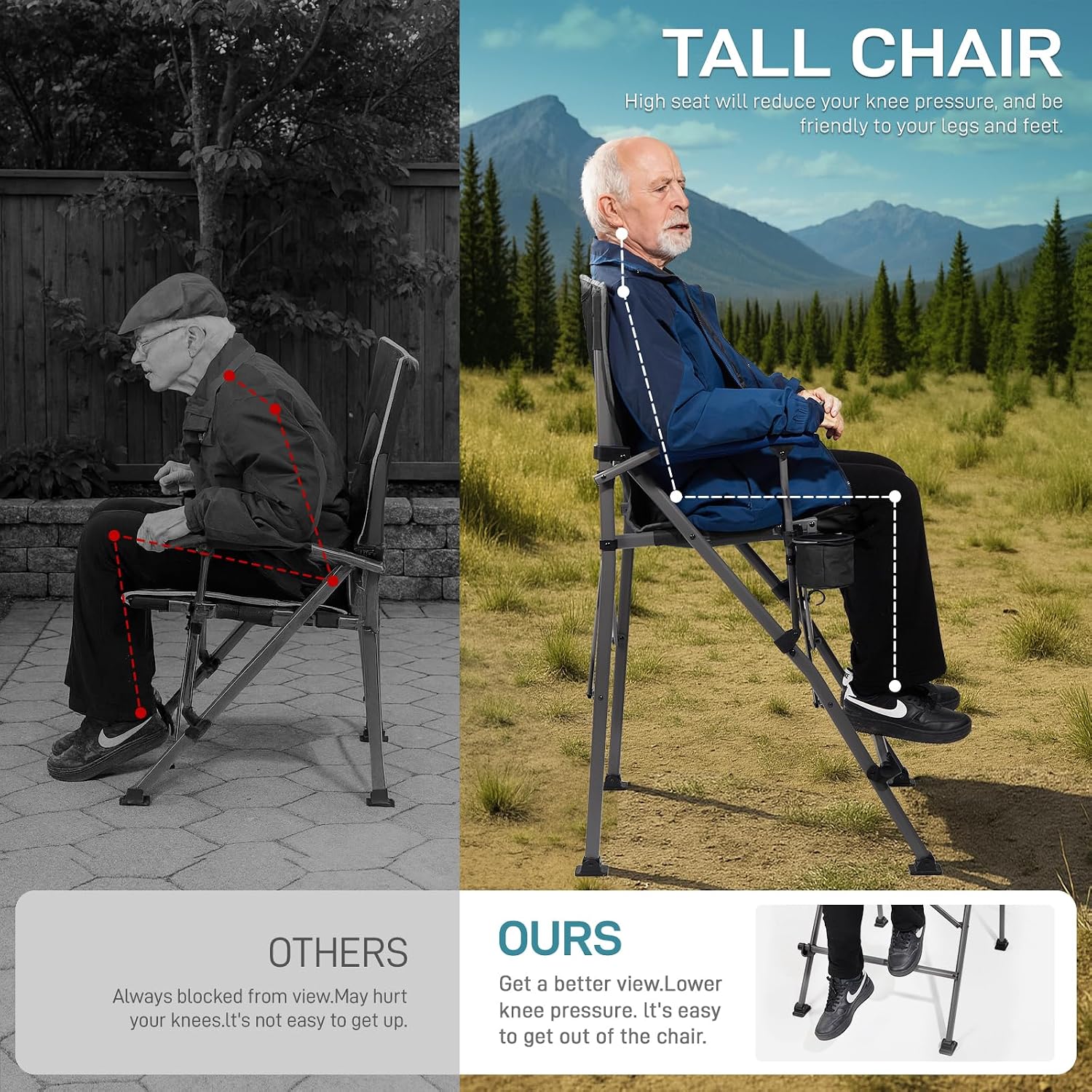 Tall bar height camping chair in black textilene mesh with aluminum frame, armrests, and footrest โ view 4