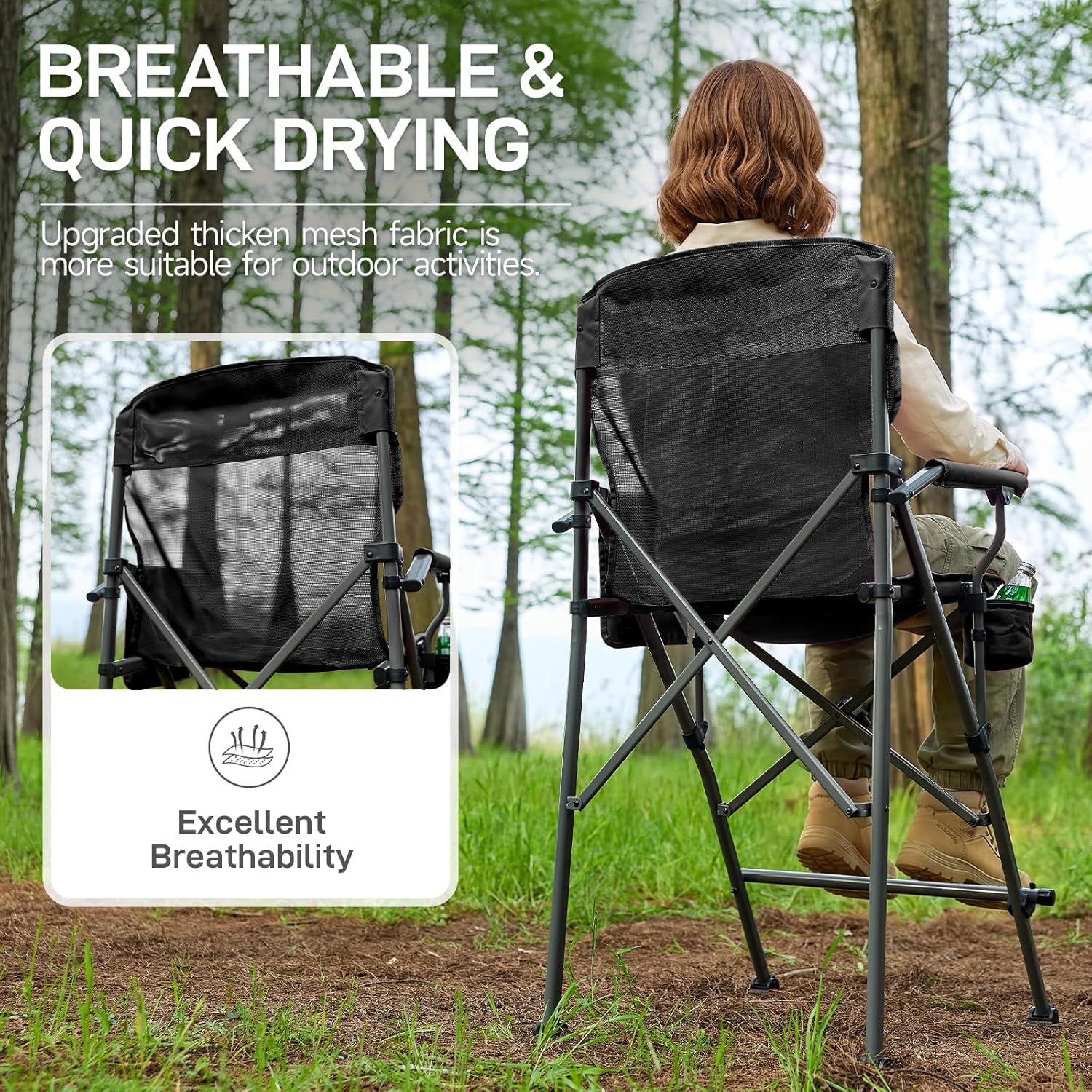 Tall bar height camping chair in black textilene mesh with aluminum frame, armrests, and footrest โ view 2