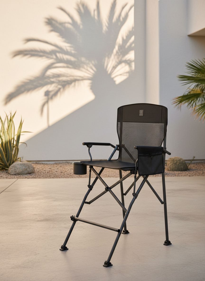 Tall bar height camping chair in black textilene mesh with aluminum frame, armrests, and footrest โ view 1