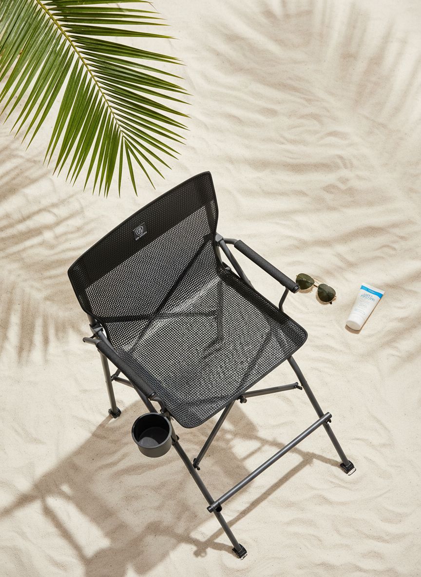 Tall bar height camping chair in black textilene mesh with aluminum frame, armrests, and footrest โ view 7a