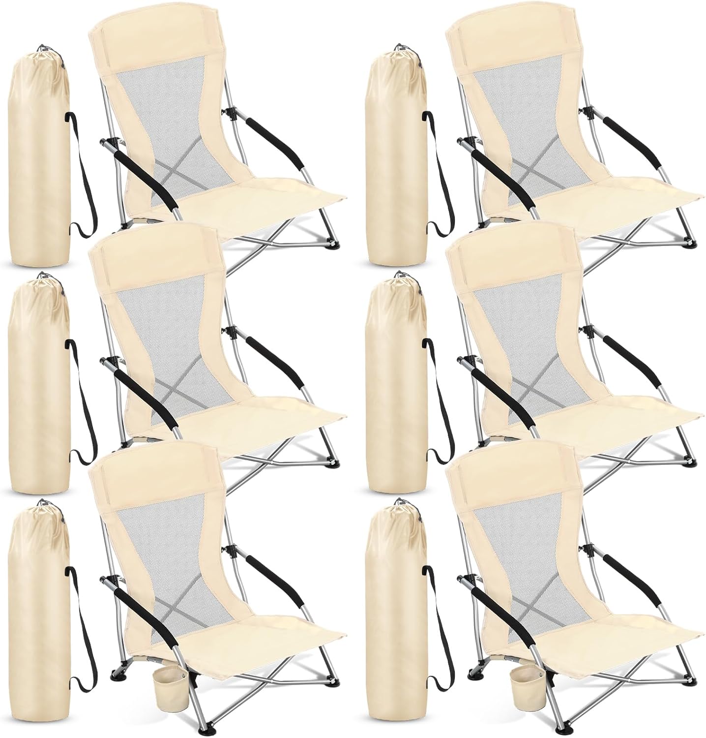[Color] portable folding beach chair with cup holder and aluminum frame, shown in compact carry position — view 1