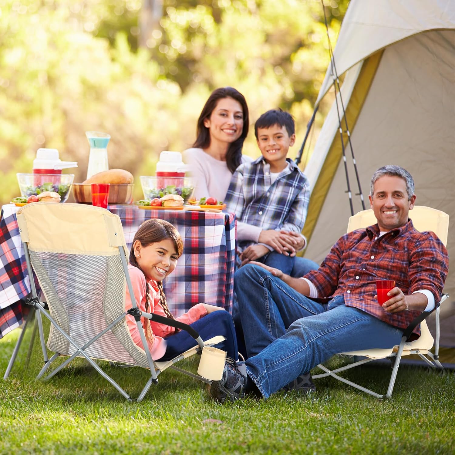 [Color] portable folding beach chair with cup holder and aluminum frame, shown in compact carry position — view 2