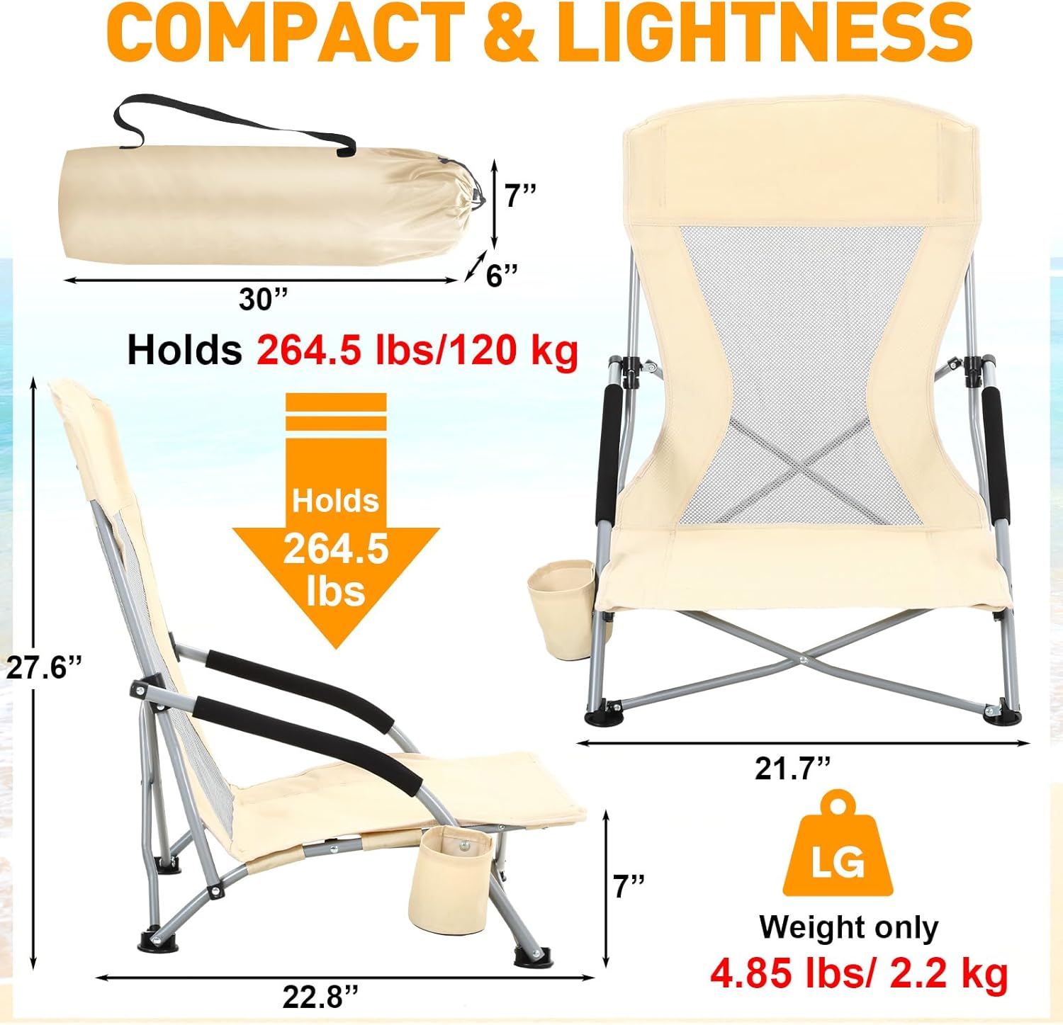 [Color] portable folding beach chair with cup holder and aluminum frame, shown in compact carry position — view 3