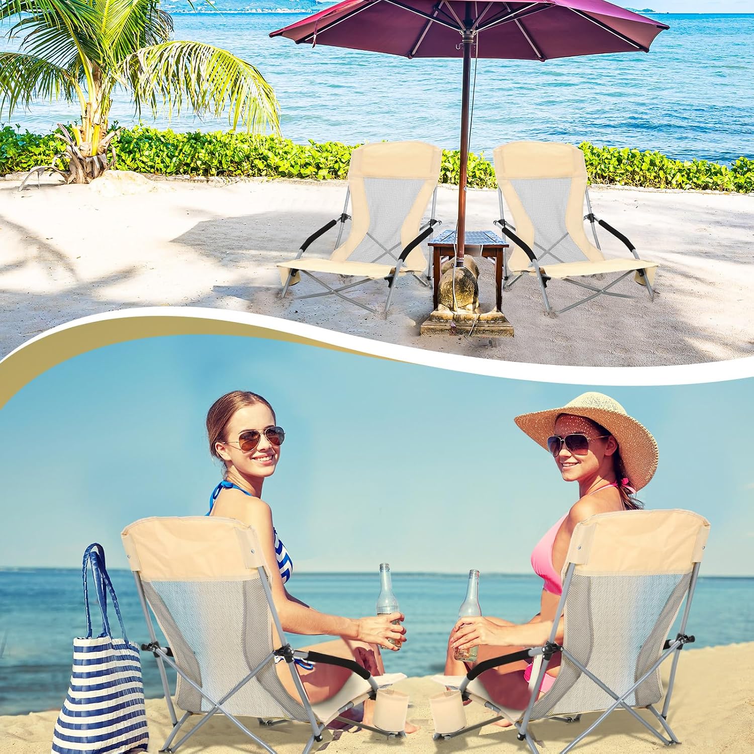 [Color] portable folding beach chair with cup holder and aluminum frame, shown in compact carry position — view 4