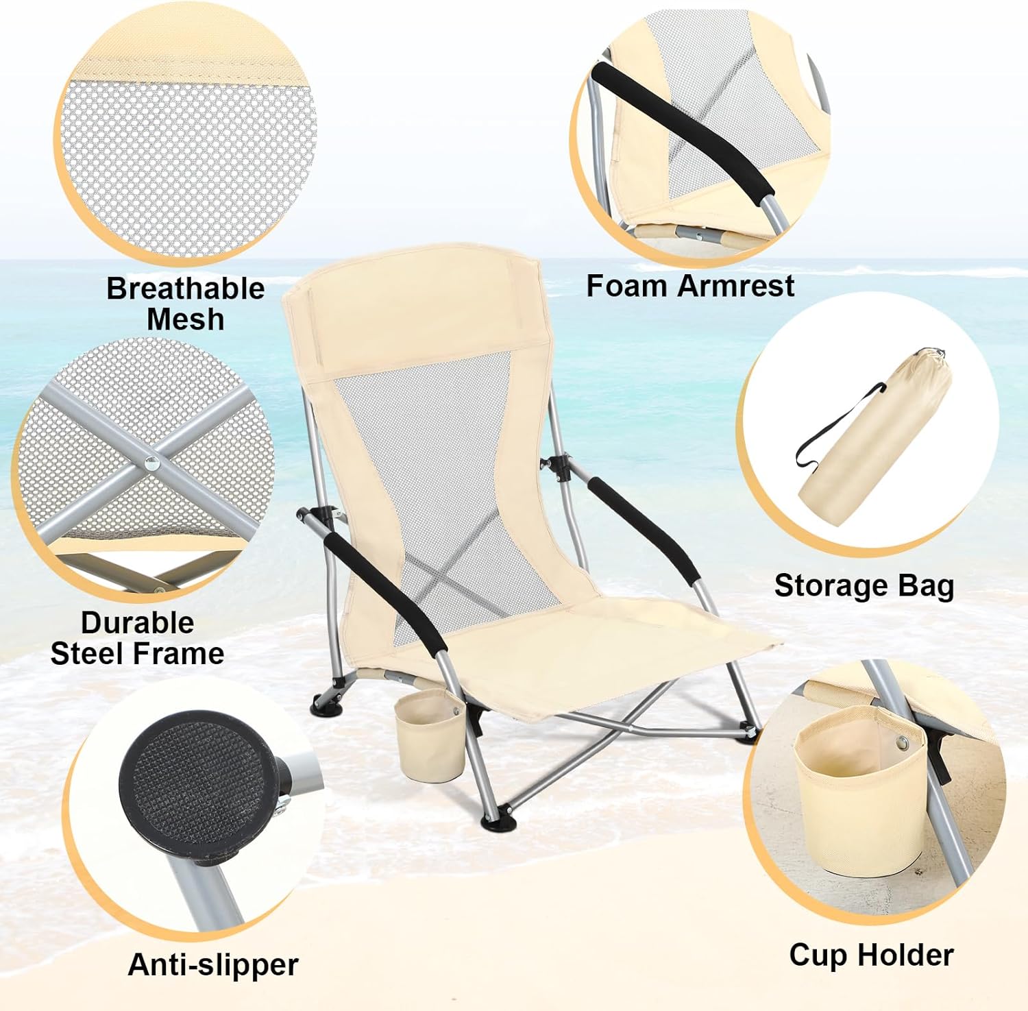 [Color] portable folding beach chair with cup holder and aluminum frame, shown in compact carry position — view 2