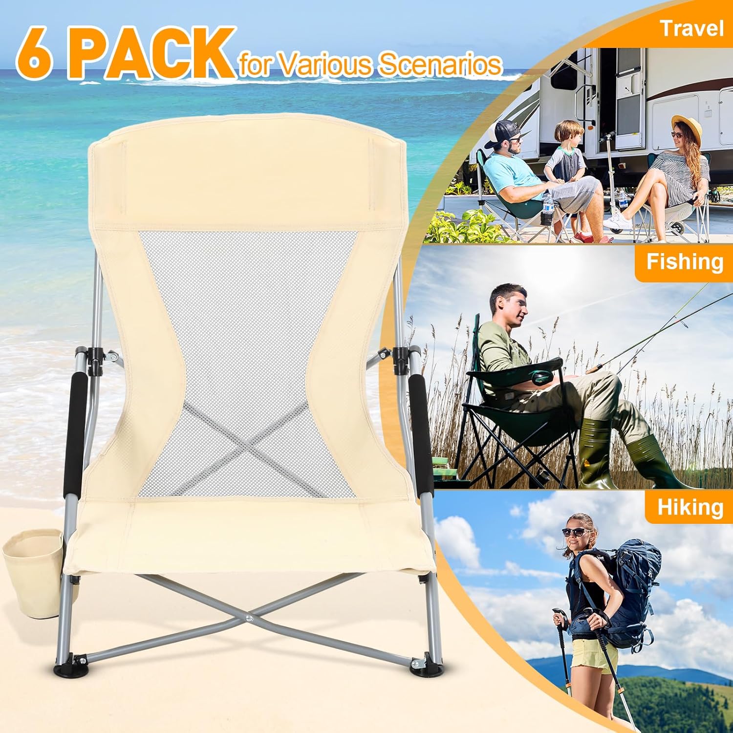[Color] portable folding beach chair with cup holder and aluminum frame, shown in compact carry position — view 3