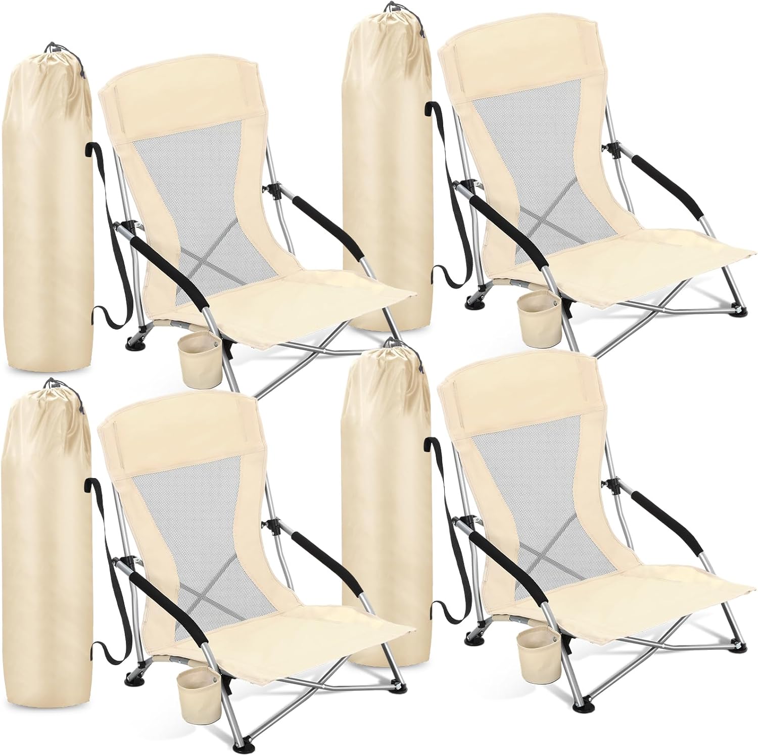 [Color] portable folding beach chair with cup holder and aluminum frame, shown in compact carry position — view 4