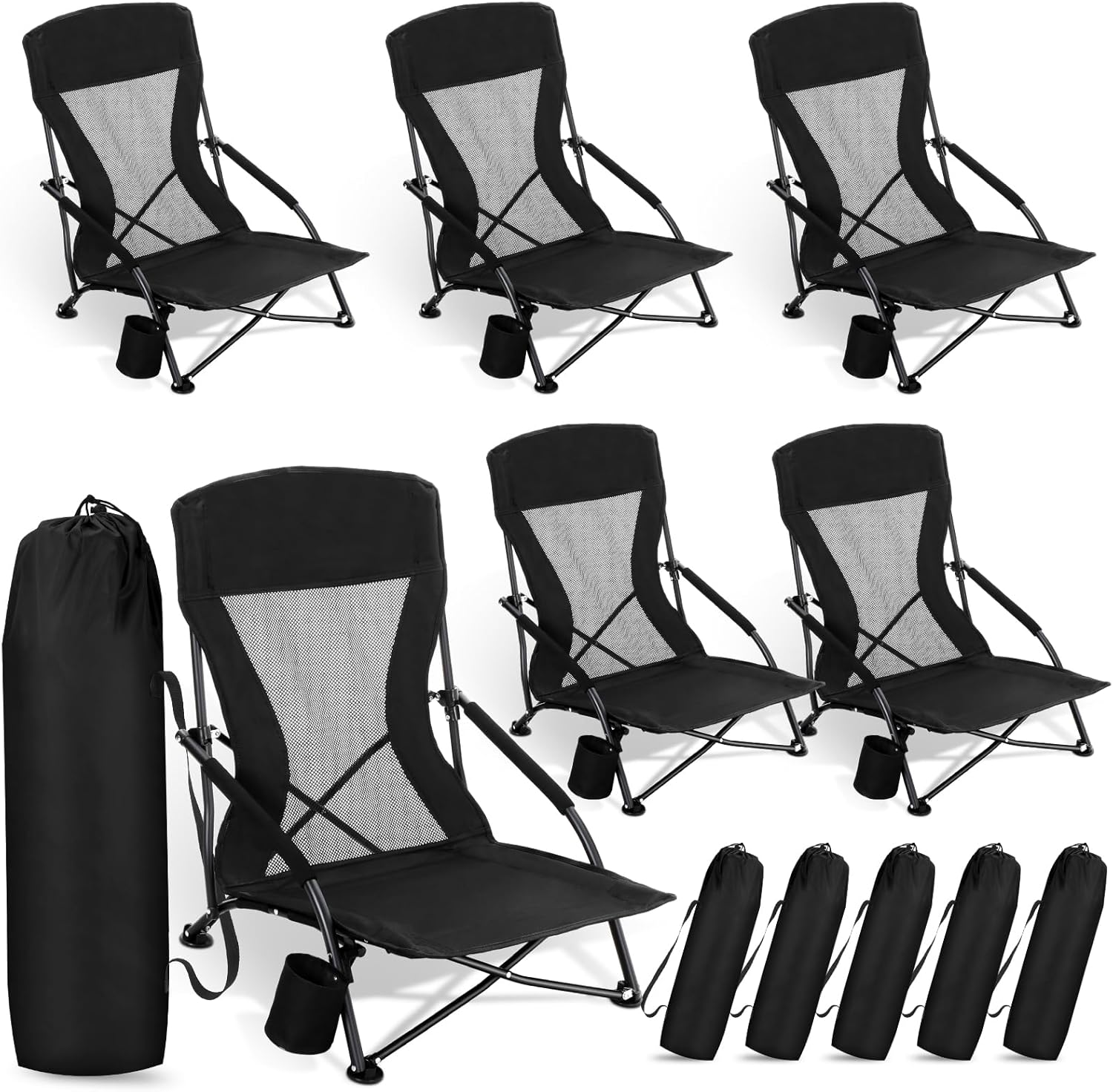 [Color] portable folding beach chair with cup holder and aluminum frame, shown in compact carry position — view 5