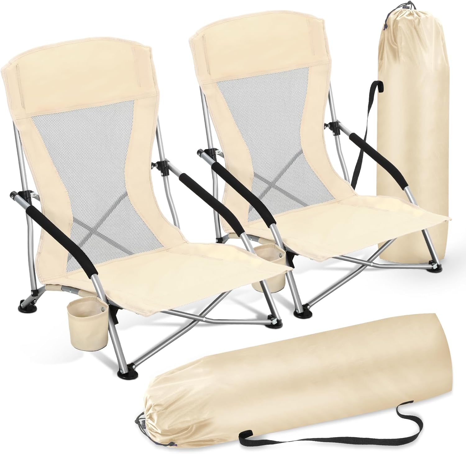 [Color] portable folding beach chair with cup holder and aluminum frame, shown in compact carry position — view 3a