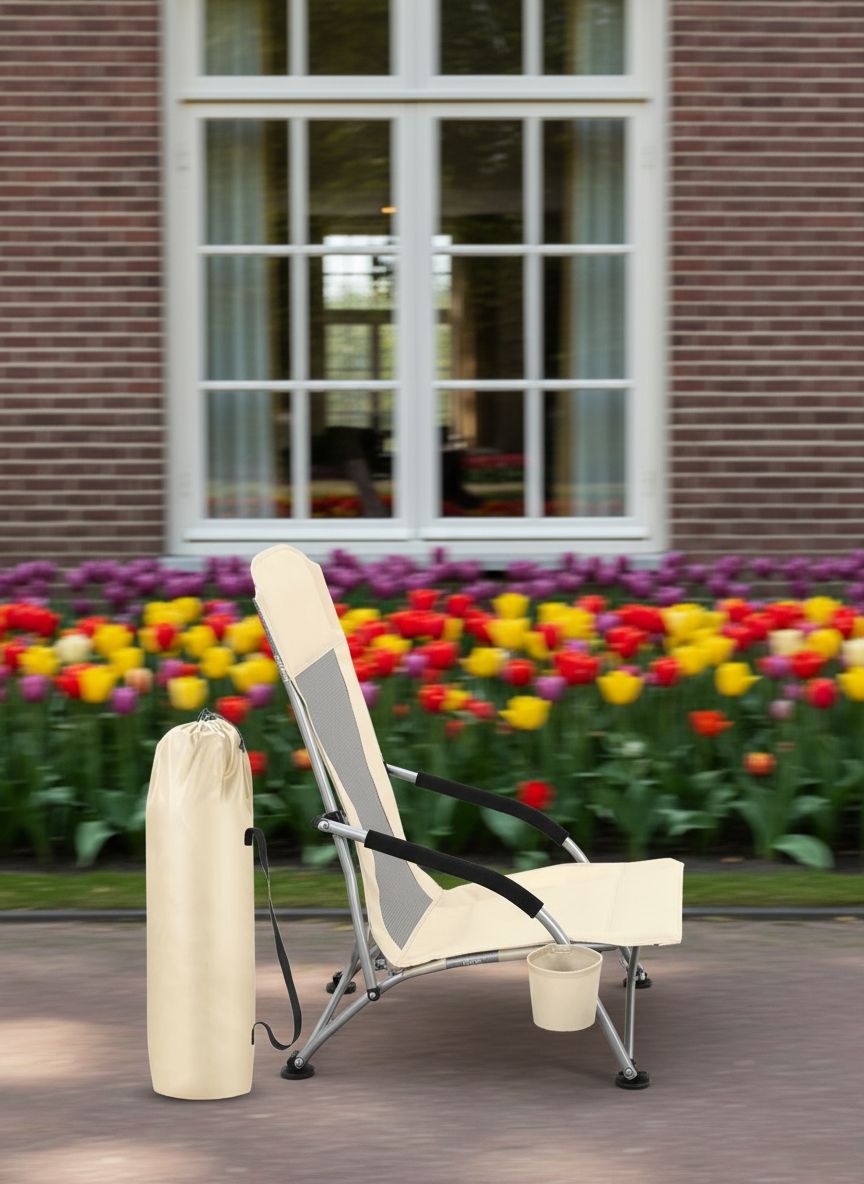 [Color] portable folding beach chair with cup holder and aluminum frame, shown in compact carry position — view 3