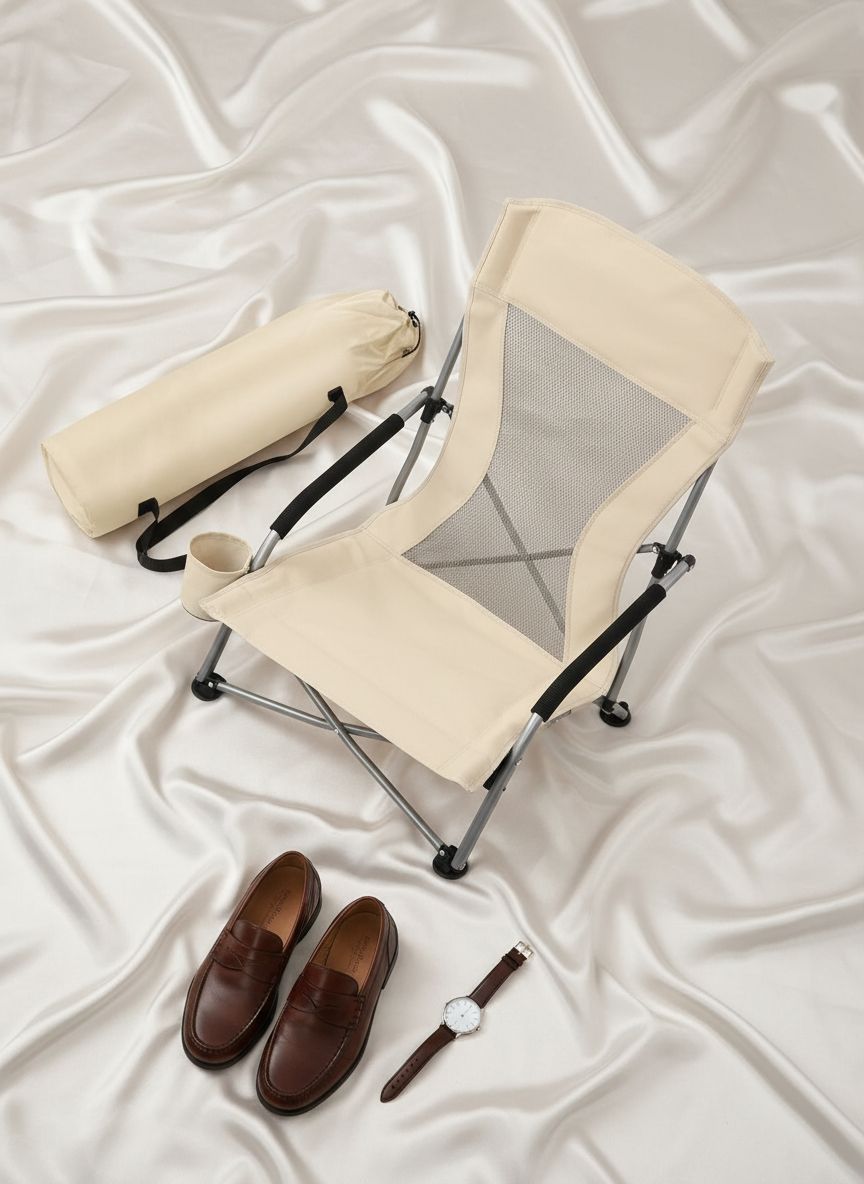 [Color] portable folding beach chair with cup holder and aluminum frame, shown in compact carry position — view 7a